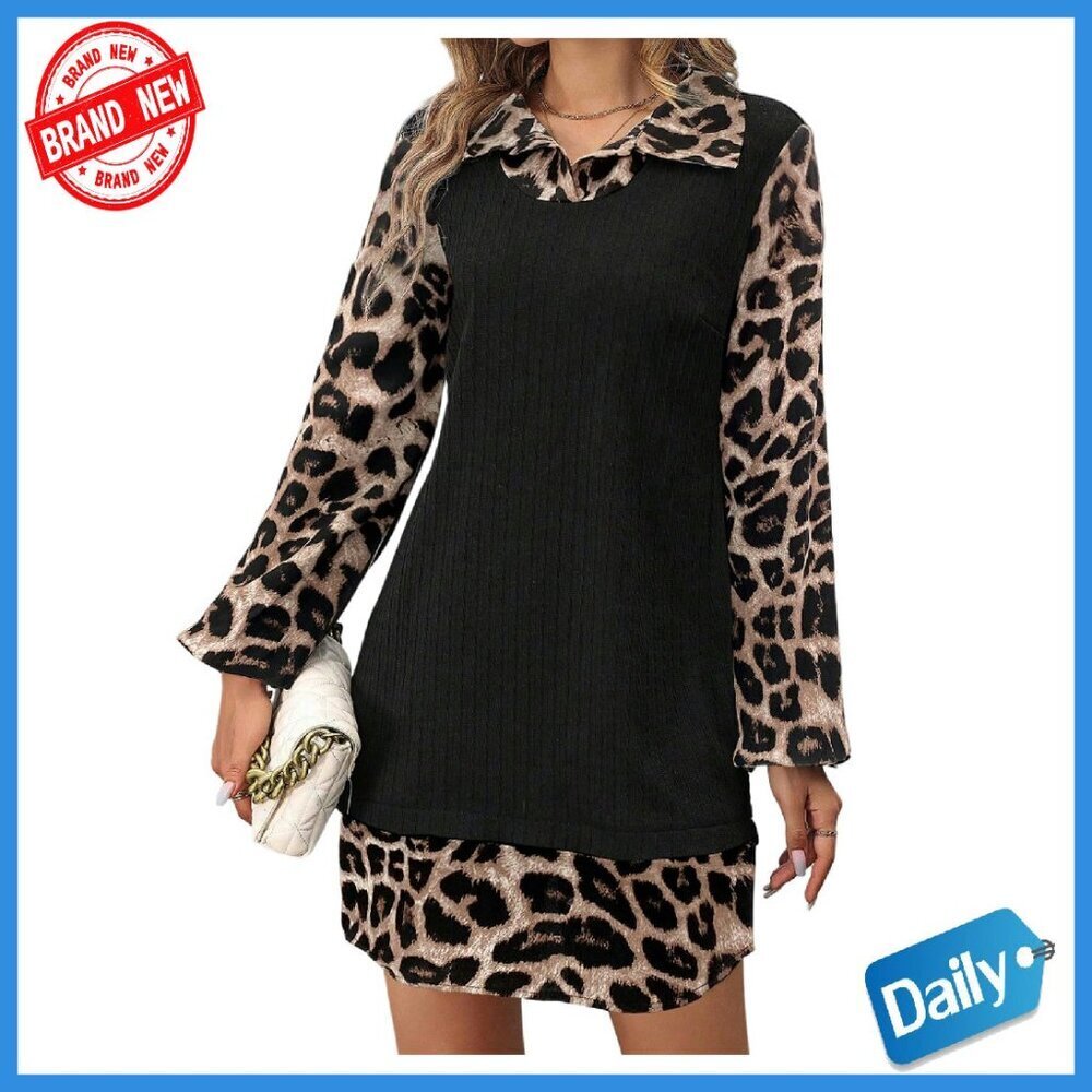 Long Sleeve Leopard Print Mini Dress with Color Block Collar